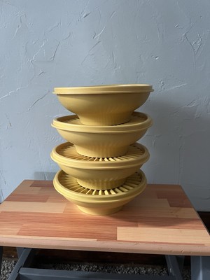 Set of 4 Vintage Tupperware Stackable Retro Bowl Containers Mustard Yellow 
