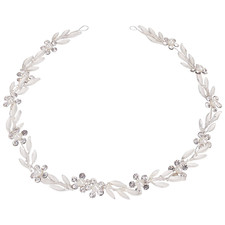Bride Hair Vine Headband with Leaf, Pearl, Crystal Floral Design - Silver