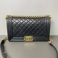 Chanel Boy Medium Black Quilted Calfskin Flap Bag Antique Gold Hardware Auth