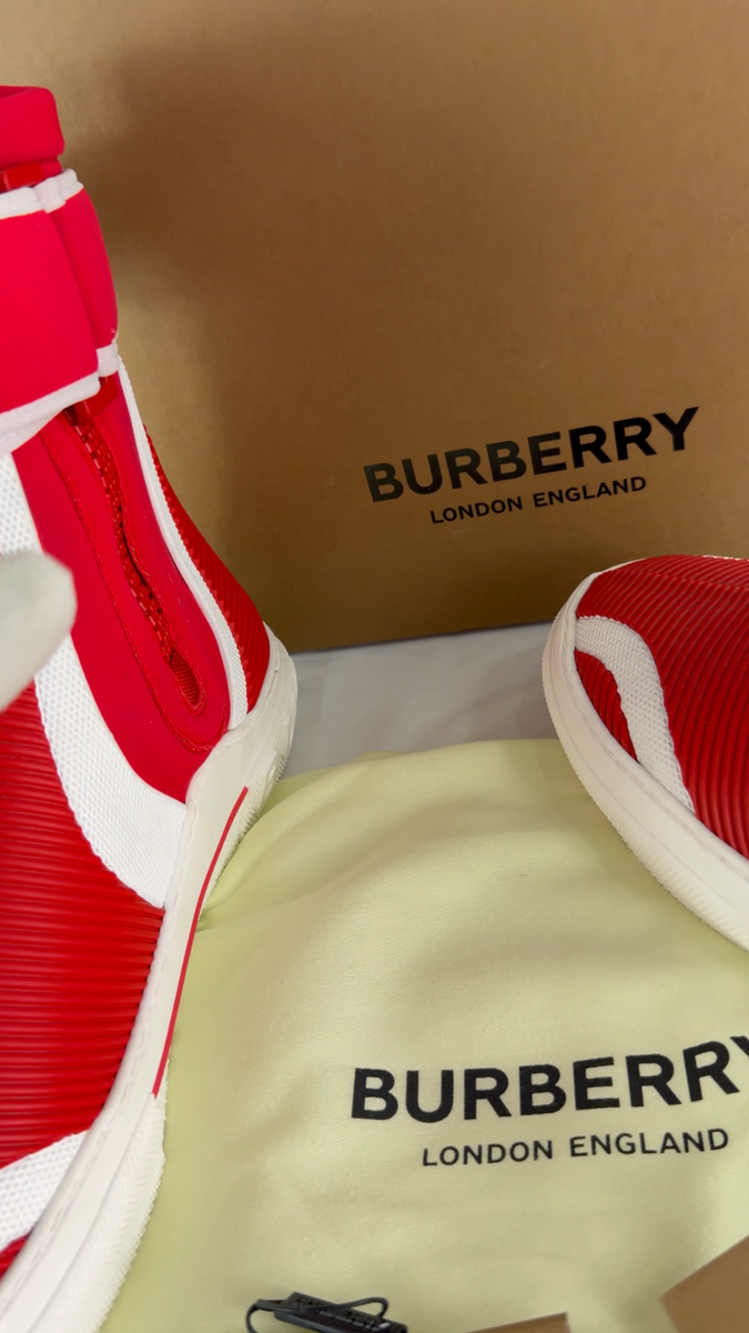 $890 BURBERRY Sub High Top Men Sneaker Red White Stretch Nylon