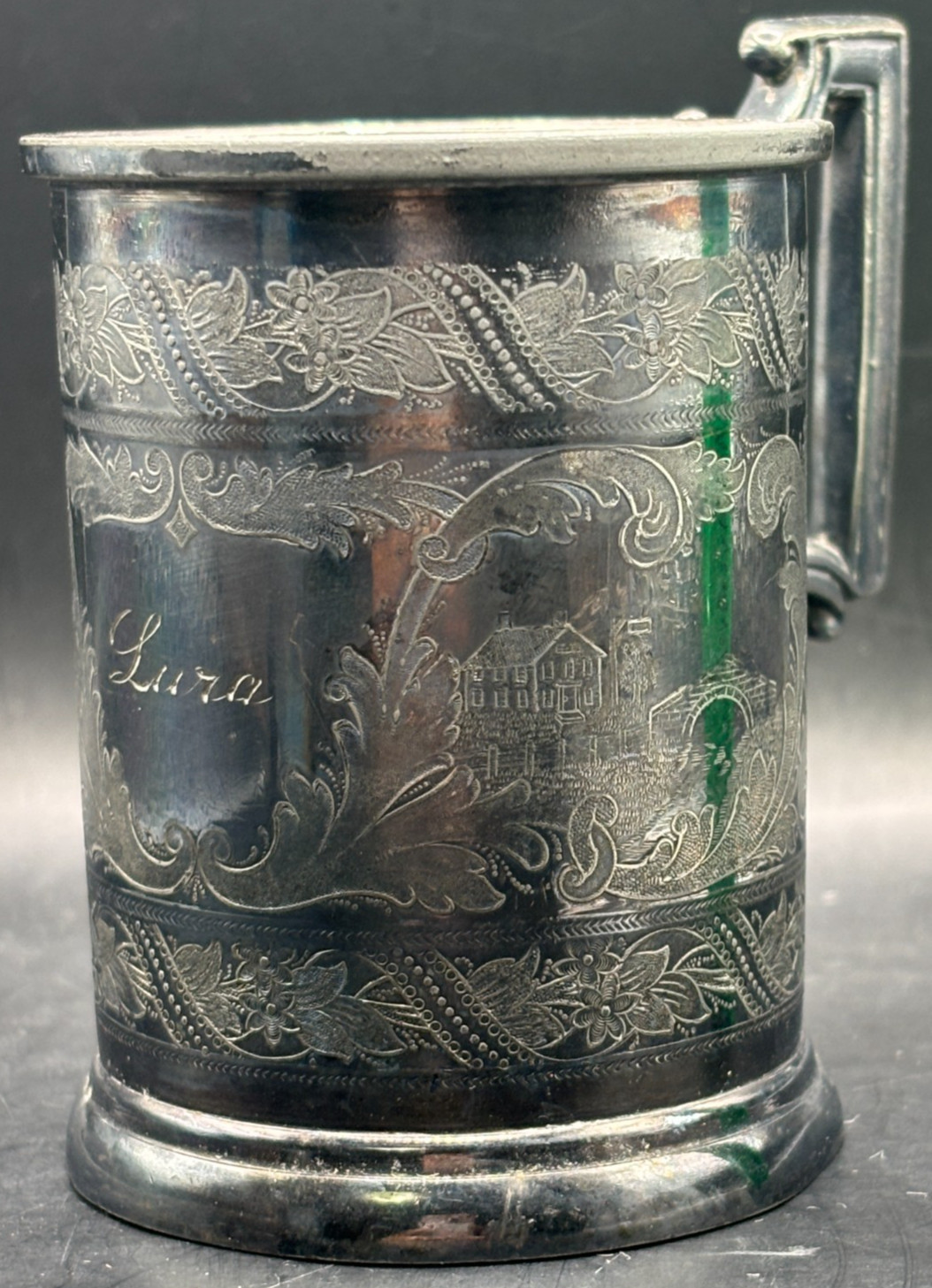 Antique Victorian Silver Plated Baby Cup River Bridge Farm House Engraving Lura