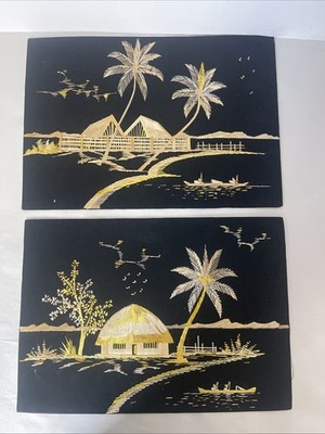 Bamboo Wood Marquetry Wall Art Panels Tropical Village Scenes 14x10 Set of 2