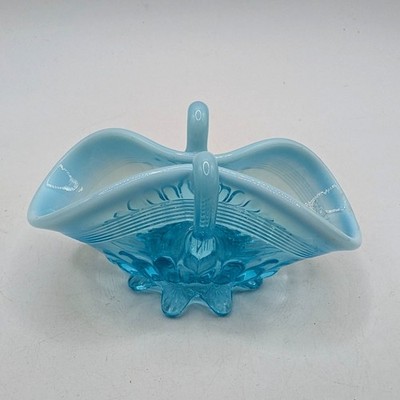 Antique English George Davidson Pearline Opalescent Glass Basket Bowl Blue 1890s