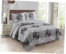 Grey Toile Floral Patchwork, 3-Piece Quilt Set with Quilt Set Queen Grey White