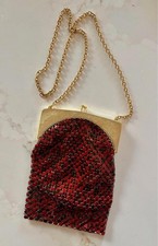 Whiting  Davis Mesh Burgundy Bag with Gold Chain Vintage