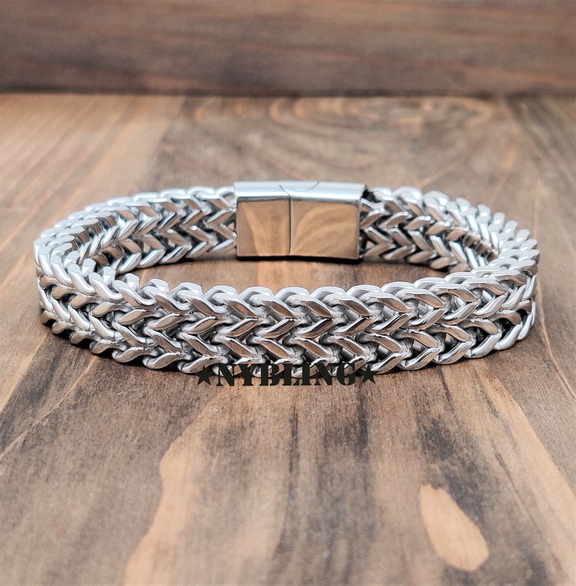 COOLSTEELANDBEYOND Men's Stainless Steel Double Franco Link Curb Chain Bracelet - Rainbow Oxidized, Magnetic Clasp