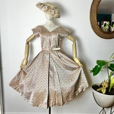 CHAMPAGNE Satin BROCADE 50s 1950  s Vintage Garden Party Wedding Cocktail Dress S