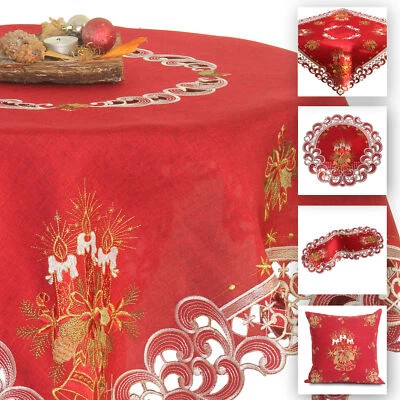 Weihnachten Tischläufer Tischdecke mit Stickerei Kerzen Rot Mitteldecke Deckchen - Bild 1 von 2