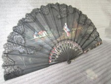 Antique Lace Fan Seine Of Life Painted B19th