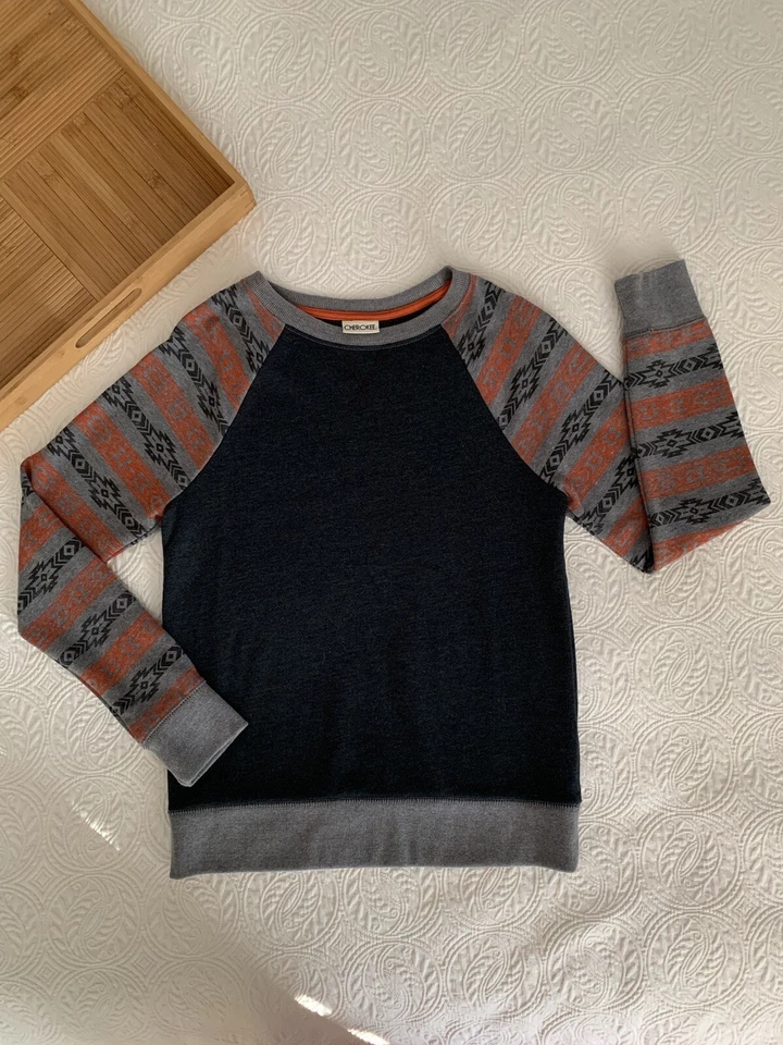 NUEVO SIN ETIQUETAS Sudadera Cherokee Cuello Redondo Pullover Puños Gris Azteca Naranja Niños L 12/14 Foto 2 de 4