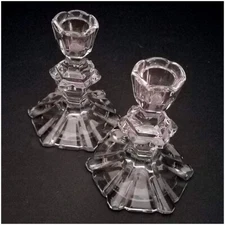 Set of 2 Glass Floral Candlestick Holders, Hexagon 4-1/2", Home Decor, Gift
