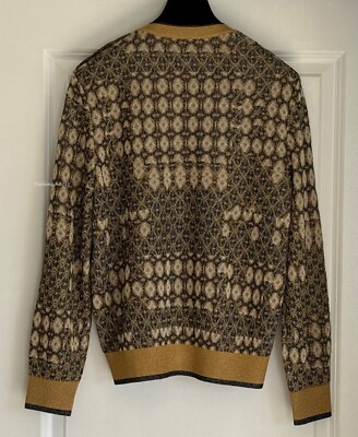 19A $2350 19A EGYPT CHANEL GOLD NAVY METALLIC CC KNIT SWEATER 42