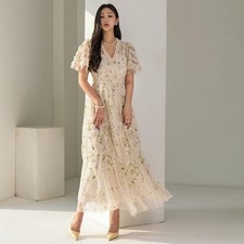 Design Embroidery Floral V-neck Ruffle Sleeves Pleated Mesh Women Long Dresses
