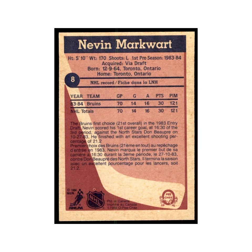 1984 O-Pee-Chee Nevin Markwart RC Boston Bruins #8 - Image 2 of 3