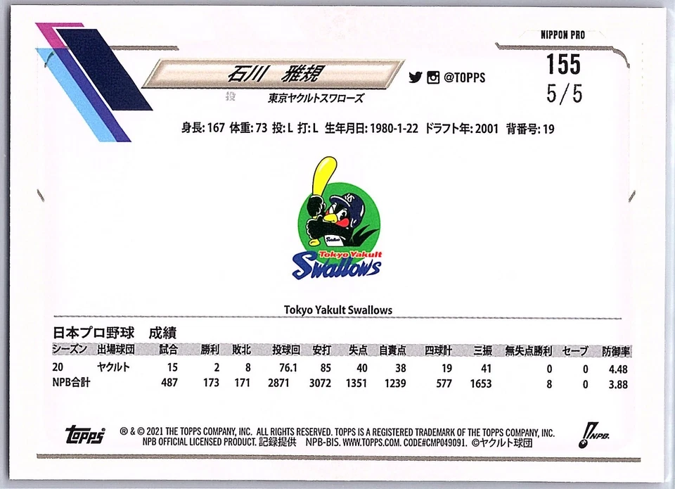 Masanori Ishikawa 2021 Topps Nippon Pro NPB Red #d 5/5 Tokyo Yakult Swallows - Image 2 of 2