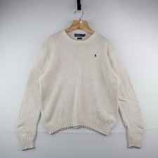 90s Vtg Polo Ralph Lauren Sweater Men's XL Cream 100 Cotton Crewneck Navy Pony