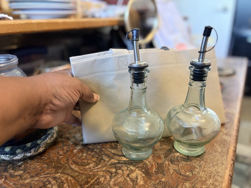 2pc Clear Glass Oil & Vinegar Dispenser Set w/ Stainless Pour Spouts & Lids