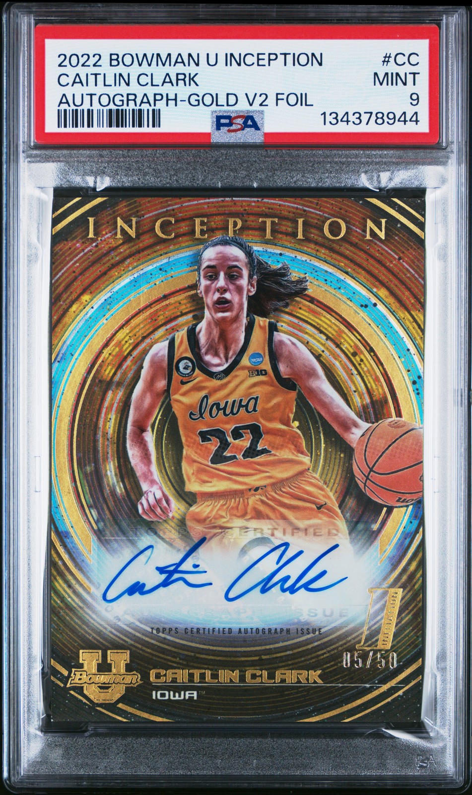 2022 BOWMAN UNIVERSITY INCEPTION AUTOS #CC CAITLIN CLARK 5/50 PSA 9 AUTO