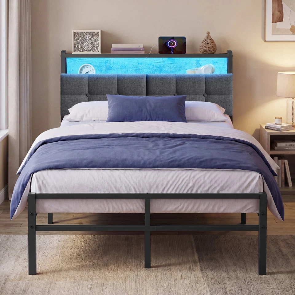 VASAGLE Metallbett, Bettgestell mit Kopfteil, Bett mit Stauraum, LED Beleuchtung - Bild 1 von 2