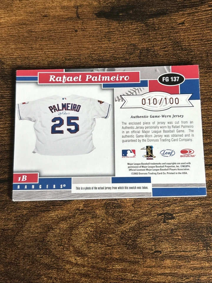 2002 Leaf Certified - Fabric of the Game Rafael Palmeiro #FG137 Bronze /100 MEM - Image 2 of 2