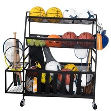Ball Storage Bin Rolling Sports Ball Cart, Metal Garage Organizer Sport Rack