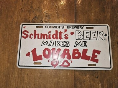 VINTAGE SCHMIDT'S BREWERY ''SCHMIDT'S BEER MAKES ME LOVABLE'' LICENSE PLATE