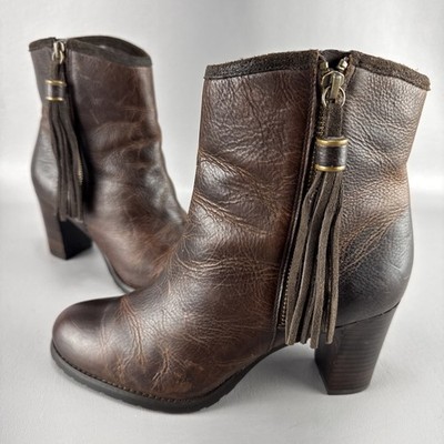 Lauren Ralph Carah Ankle Zip Tassels Booties Womens 7.5 Brown Distressed Leather