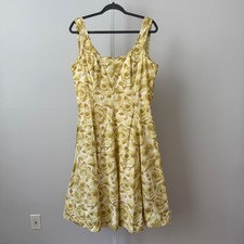 Talbots sz 14 Yellow Floral Rose Print Cotton Fit Flare Sun Dress Cottagecore