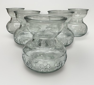 Set of 5 Glass Bulb Forcing Vase With Embossed Flower Motif - Tulip, Hyacinth