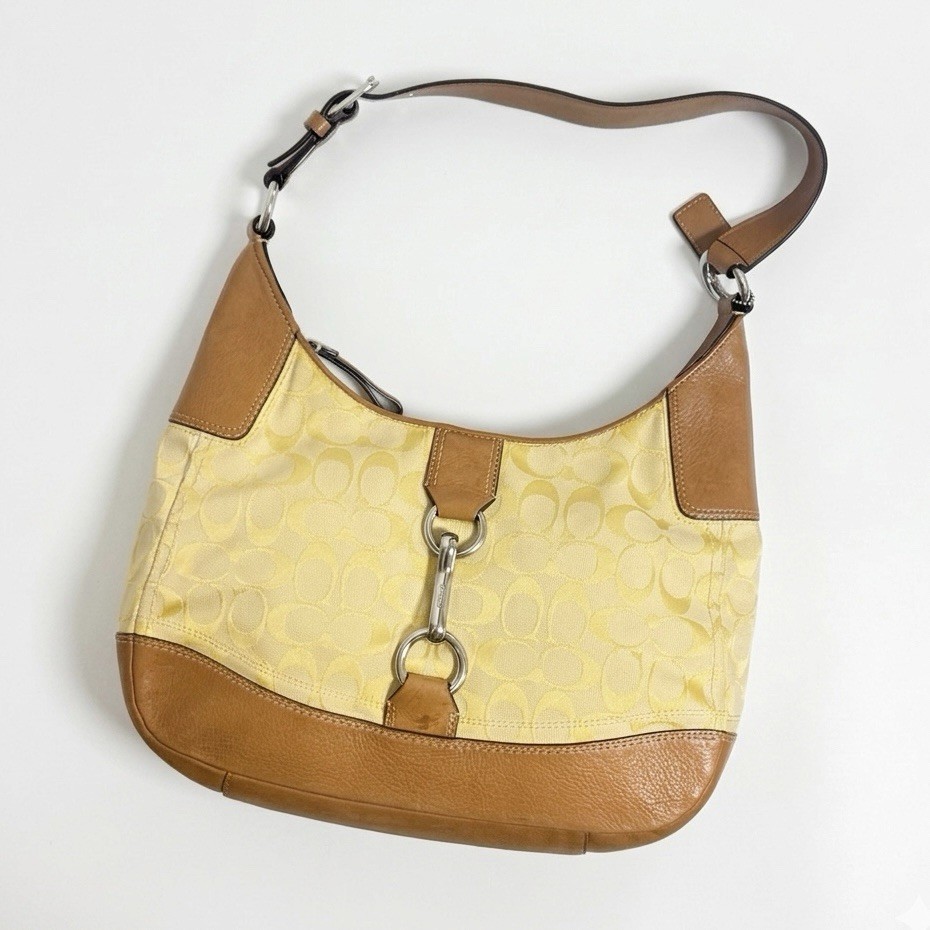 【美品】COACH Signature Canvas Gold Hobo Bag Rare Vintage Coach Signature Canvas Leather Hobo Shoulder Bag
