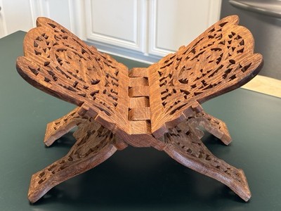 Vintage Carved Wood Book Holder Folding Display Stand Bibles Cookbooks