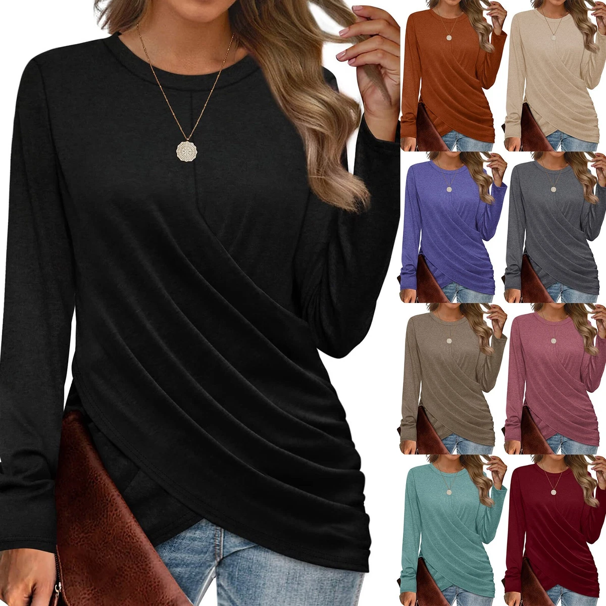 Womens Long Sleeve Tops Twist Front Tunic Tops To Wear With Leggings  Crewneck