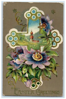1911 Easter Greetings Holy Cross Flowers Gel Gold Gilt Solon Iowa IA Postcard