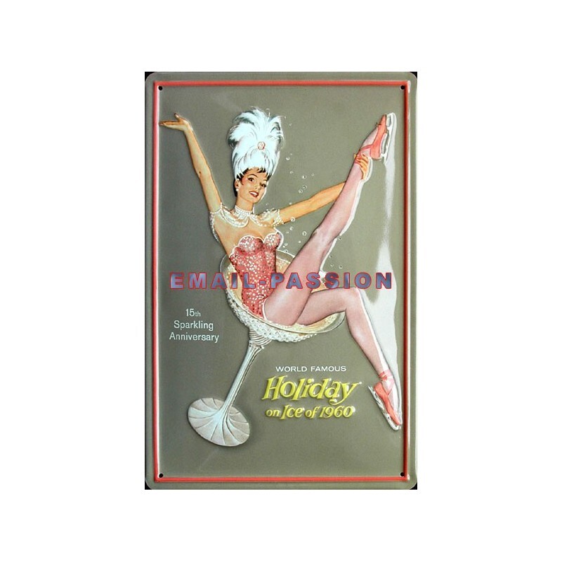 Plaque métal publicitaire 20x30cm Holiday on ice 1960 décoration murale rétro relief
