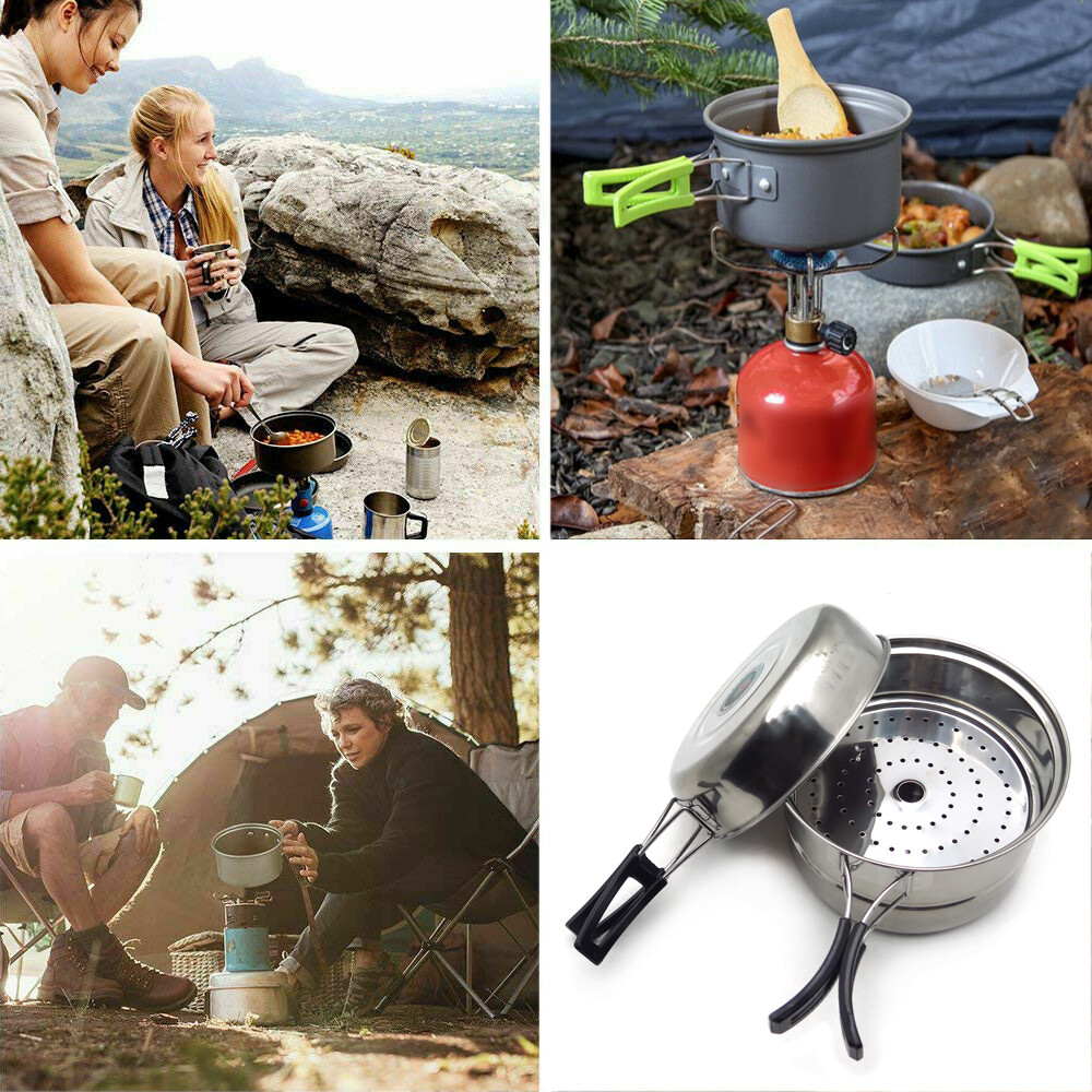 2個セットストーブ 3PCS Outdoor Camping Cookware Stainless Steel Cooking Picnic Bowl