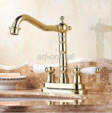 Gold Brass Bathroom Faucet 4" Centerset Sink Mixer Tap Ceramic Handle Deck Mount