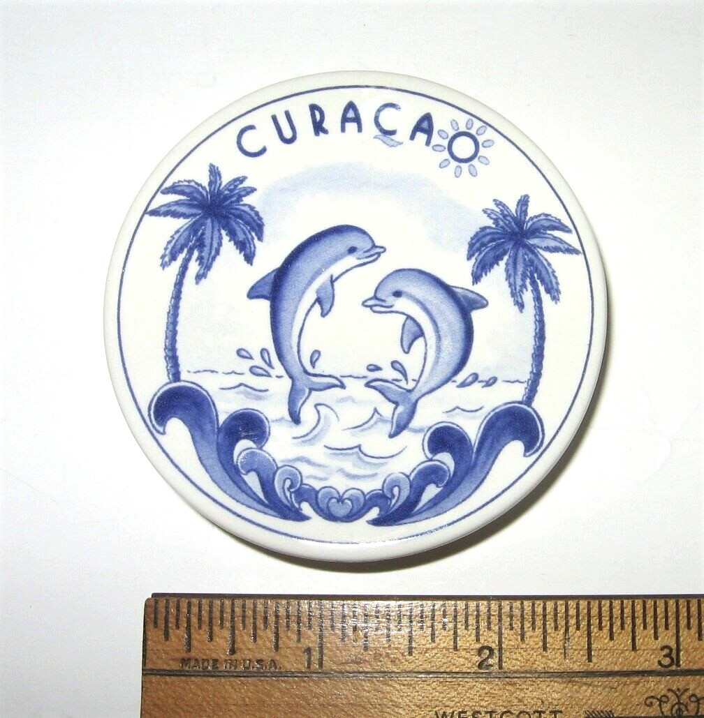 Mini Delft Plate Souvenir of Curacao Dolphins Palm Trees Delft Blue Delfino