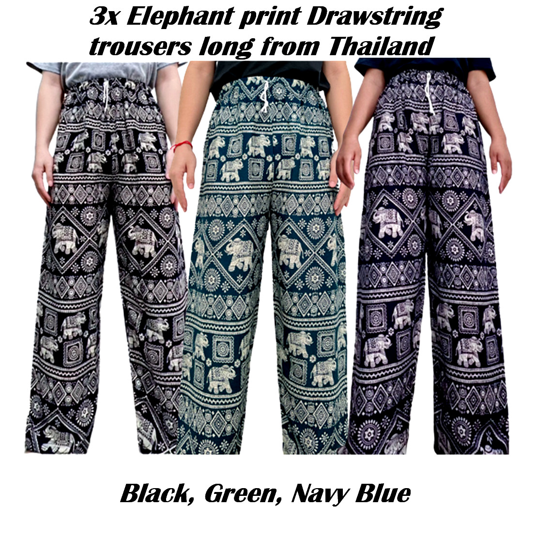 3x Pantalones Largos Pantalones Largos de Tailandia Pantalón Popular Estampado Elefante Buen Pantalón