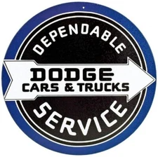 DEPENDABLE DODGE CAR AND TRUCK SERVICE ROUND TIN SIGN BOYS RAM CHARGER 