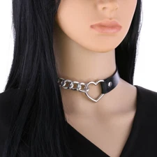 Punk Fashion Heart Shape Chain Leather Choker Collar Necklace for Girls