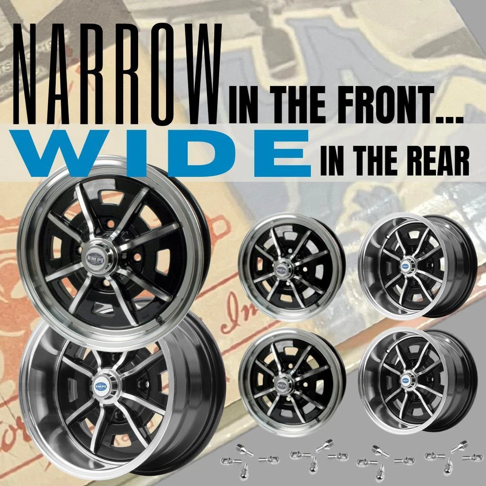 Set Of 4 15" X 5" & 15" X 8" Vw Bug 4 Lug Black Empi Sprint Star Wheels/Lug Nuts — 第 2/4 张图片