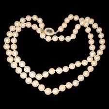Hand Knotted Faux Pearl Necklace 7mm Cream Beads Fancy Clasp Vintage Style 26"