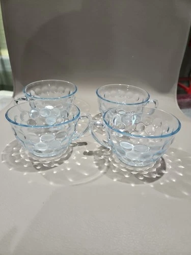 Vintage Anchor Hocking Blue Depression “Bubble” Glass Tea/Coffee Cups – Set of 4