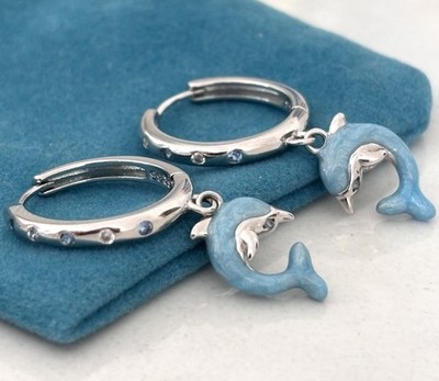 925 Sterling Silber Delfin Creolen Blau Emaille CZ Huggie