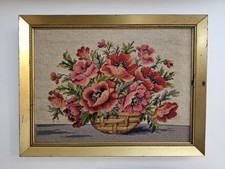 Vintage Hand-Stitched Floral Needlepoint in Gilt Frame | Cottage Farmhouse Wall