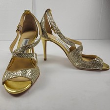 Jimmy Choo Gold Glitter Peep Toe Strappy Heel...