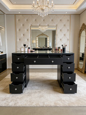 Large Black Glass Makeup Vanity Table Desk with 9 Drawers Storage for Wife Gift