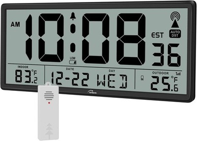 WallarGe Atomic Clock with Indoor Outdoor Temperature - 14.5 Inch, Carbon 