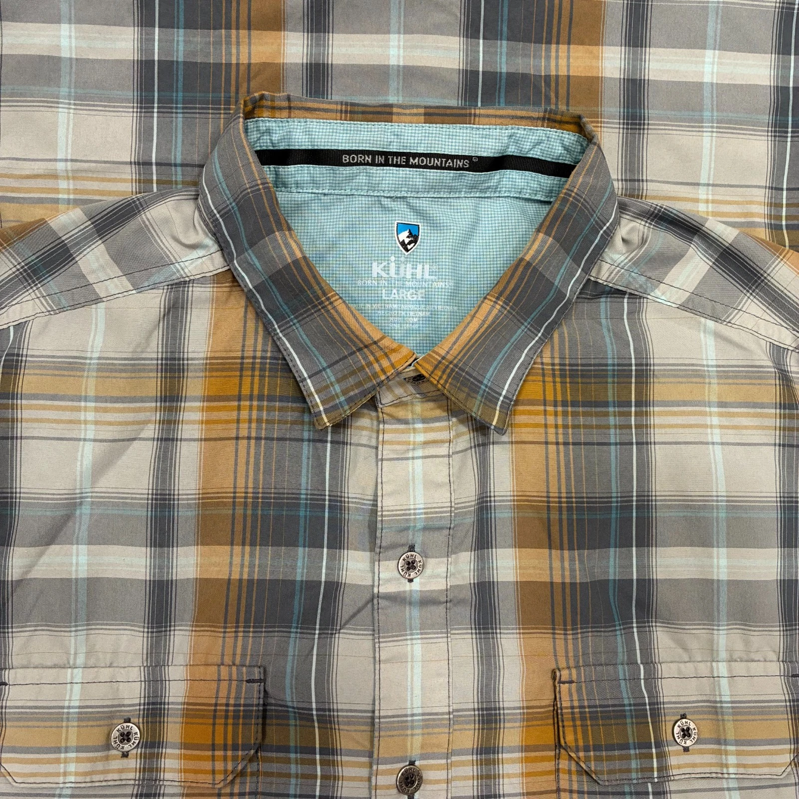 Kuhl Response Shirt Men Large Gray Gold Teal Plaid Short Sleeve Button Up Hiking