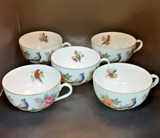5 Vintage Epaig  Porcelain Floral Czech Teacups Pheasant Gold Rim No Saucers